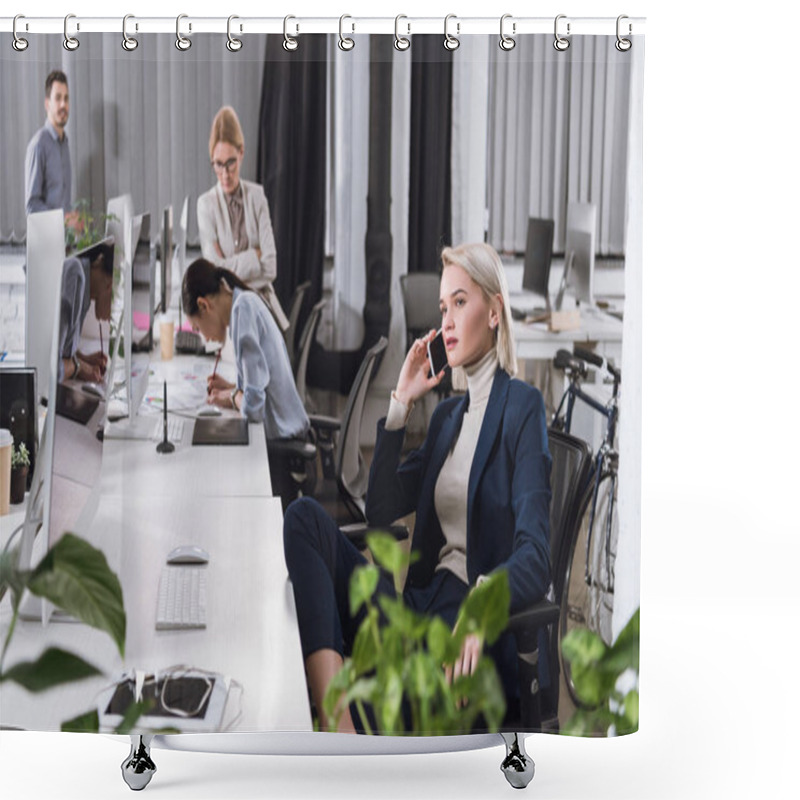 Personality  Businesswoman Talking On Smartphone Shower Curtains