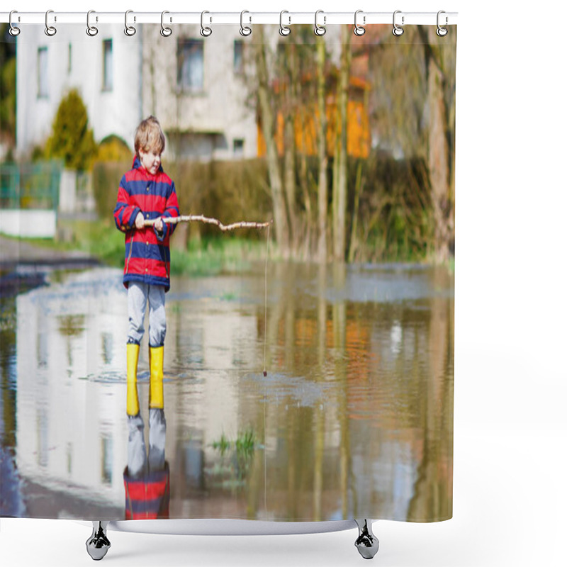 Personality  Little Kid Boy Playing With Fishing Rod By Puddle Shower Curtains