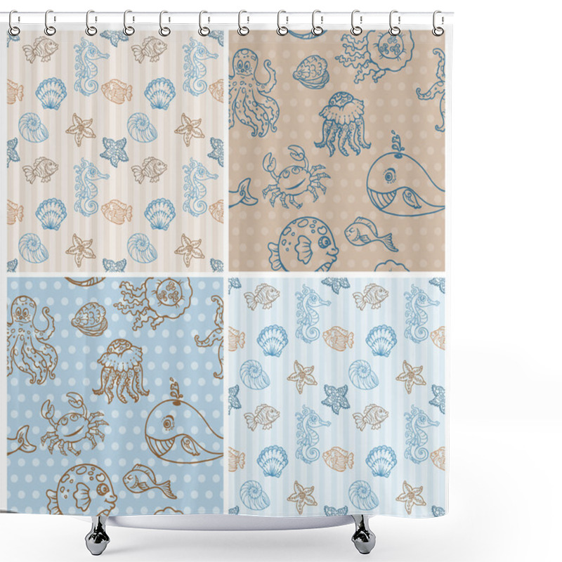 Personality  Marine Life Background Collection - Seamless Pattern In Vector Shower Curtains