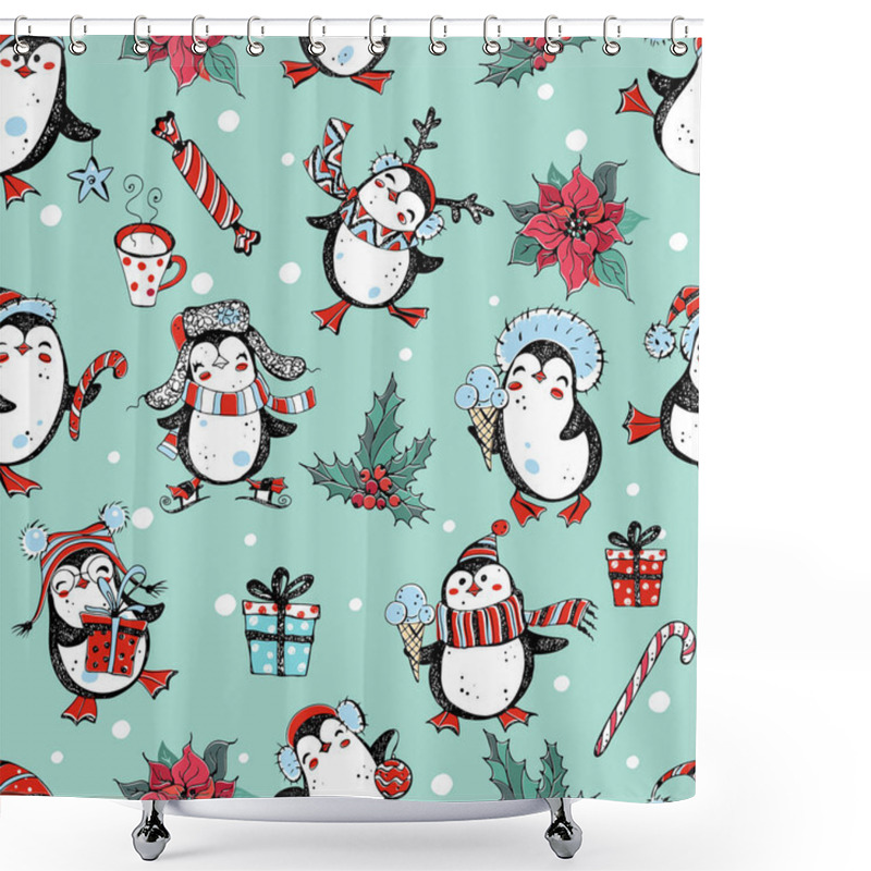 Personality  Seamless New Year And Christmas Pattern With Cute Penguins With Gifts And Poinsettia Flowers. Vector. Shower Curtains