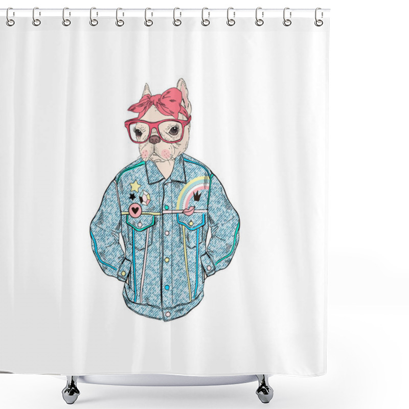 Personality  French Bulldog Girl Dressed Up In Retro Denim Jacket, Anthropomorphic Animal Illustration Shower Curtains