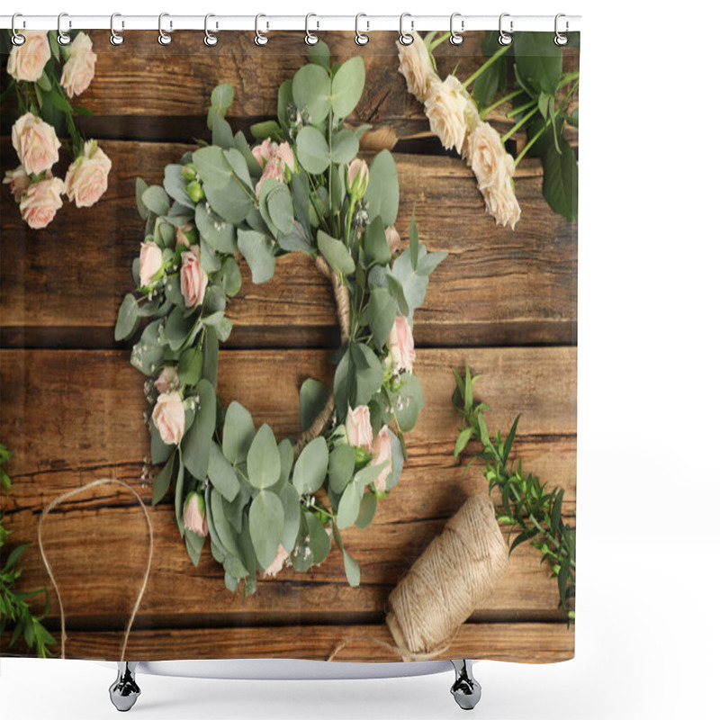 Personality  Flat Lay Composition With Wreath Made Of Beautiful Flowers On Wooden Table Shower Curtains