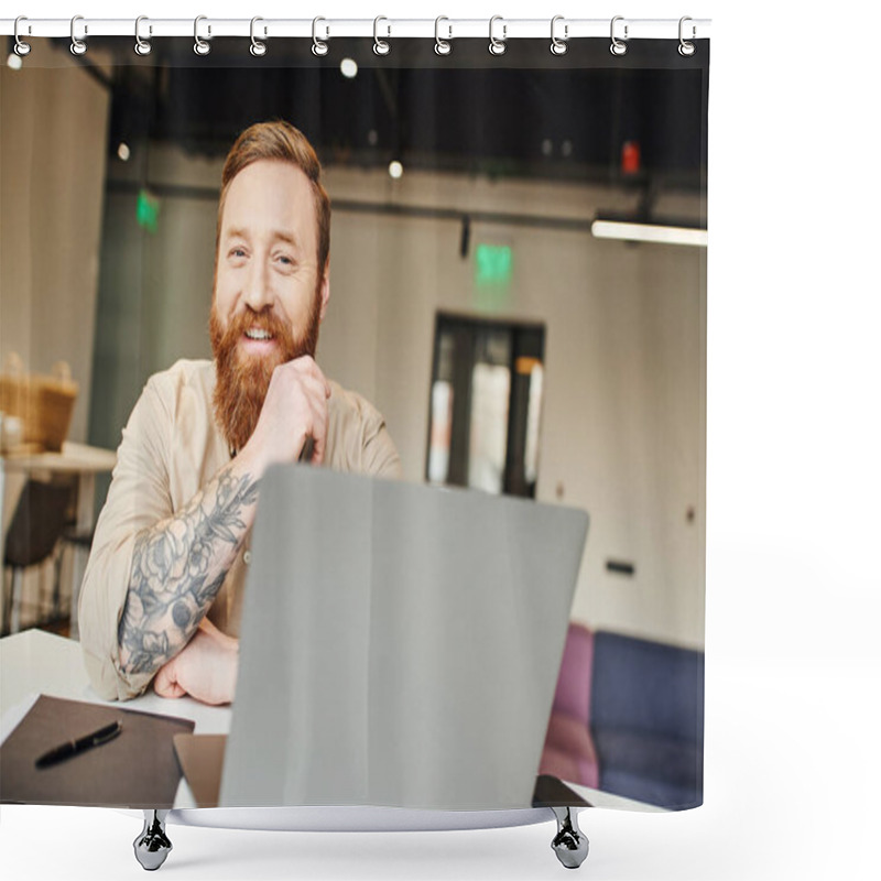 Personality  Cheerful, Bearded And Tattooed Entrepreneur With Radiant Smile Looking At Camera While Sitting Near Laptop And Working On Startup Project, Professional Headshot, Business Lifestyle Concept Shower Curtains