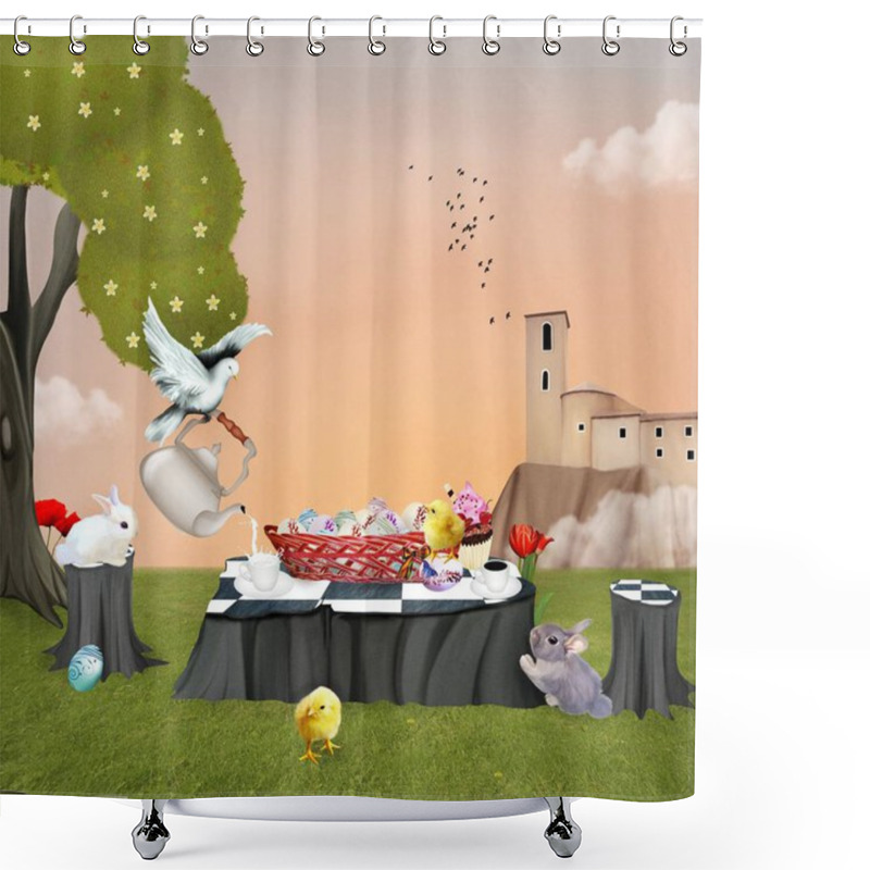 Personality  Easter Scene With Lovely Bunnies And A White Dove, 3D And Digital Painted Illustration Shower Curtains