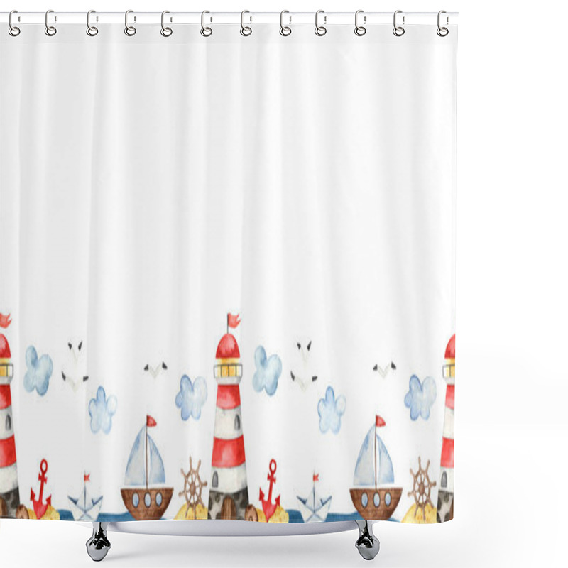 Personality  Children Sailors On The Sea Landscape, Ships On A White Background. Watercolor Seamless Pattern Shower Curtains