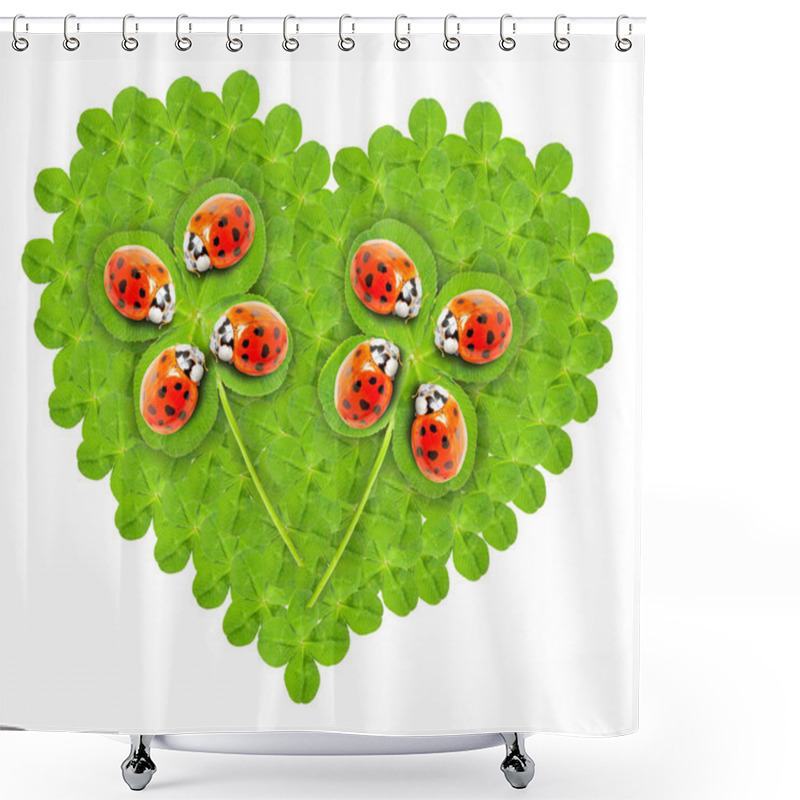 Personality  Heart With Clover And Cute Ladybugs. Shower Curtains