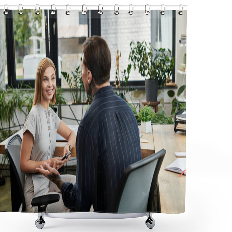 Personality  Two Coworkers Engage In A Lively Discussion While Surrounded By Vibrant Office Plants. Shower Curtains