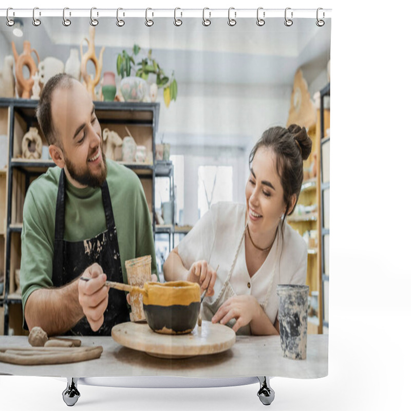 Personality  Smiling Romantic Couple Of Artisans In Aprons Working Together In Ceramic Studio, Banner Shower Curtains