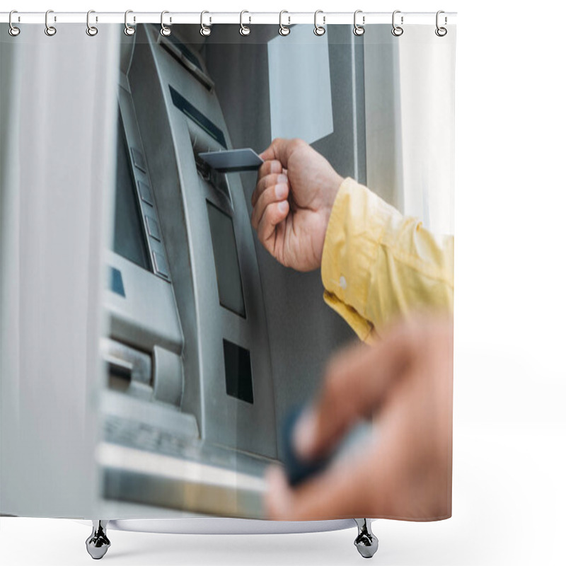 Personality  Cropped View Of Bi-racial Man Putting Credit Card Into Atm Machine  Shower Curtains