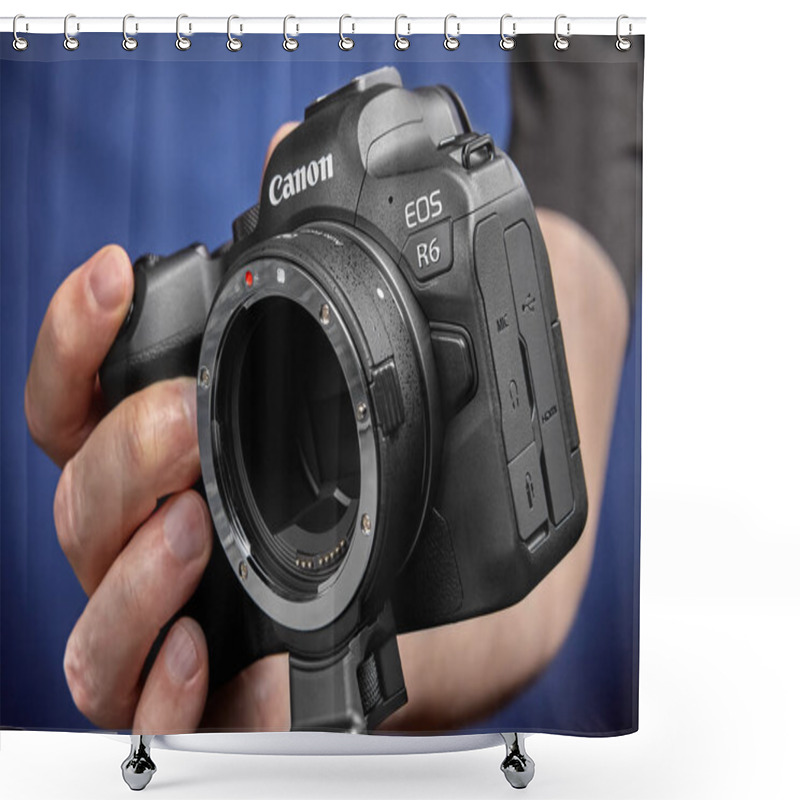 Personality  St. Petersburg, Russia - January 9, 2021:  Auto Focus Mount Adapter Converter For EF Lens To Canon EOS R6 Mirrorless Digital  Camera. Shower Curtains