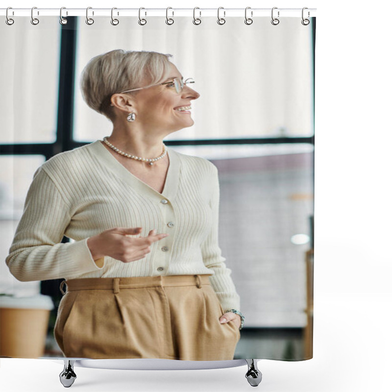 Personality  A Middle-aged Businesswoman With Short Hair Stands In Front Of A Window, Engaged In Conversation. Shower Curtains