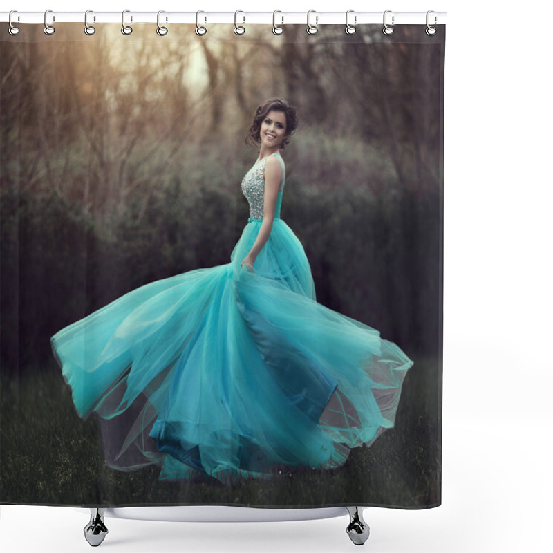 Personality  A Beautiful Graduate Girl Is Spinning In A Blue Dress. Elegant Young Woman In A Beautiful Dress In The Park. Art Photo. Shower Curtains