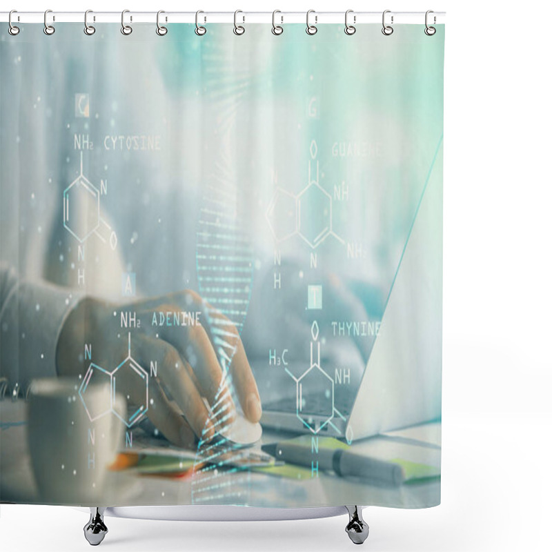 Personality  DNA Hologram With Businessman Working On Computer On Background. Concept Of Bioengineering. Double Exposure. Shower Curtains