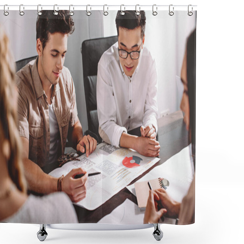 Personality  Two Multiethnic Businessmen Having Meeting At Table With Graphs In Modern Office  Shower Curtains