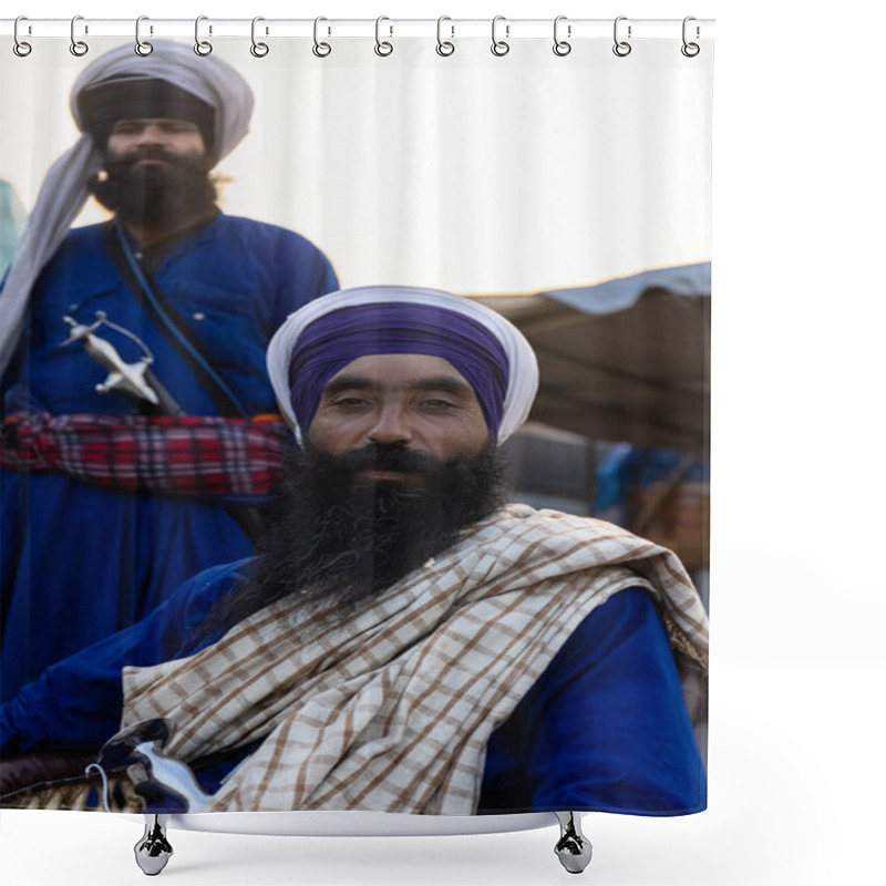 Personality  NEW DELHI, INDIA - JANUARY 2021 : Portrait Of Young Sikh Indian Farmers From Different States Protests At Ghazipur Border. Farmers Are Protesting Against The New Farm Laws In India. Shower Curtains