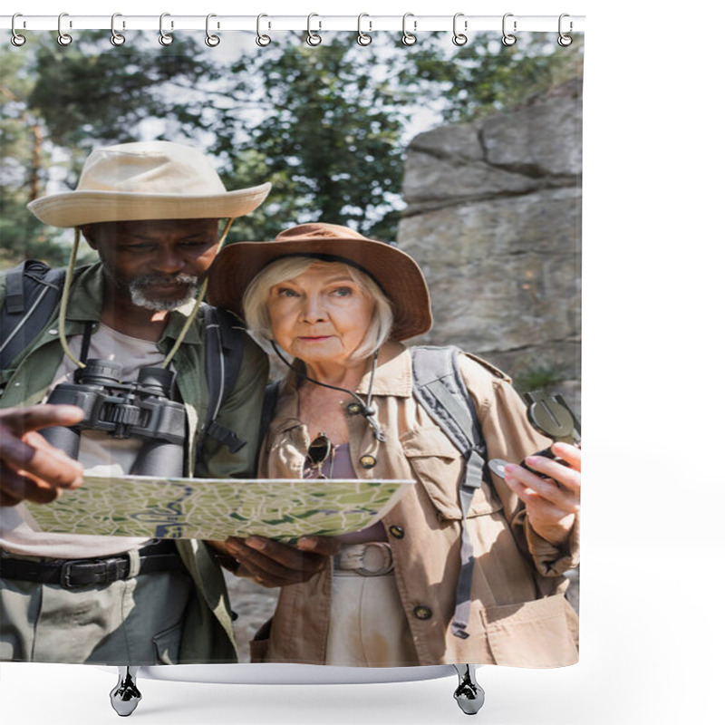 Personality  Senior Multiethnic Hikers With Compass And Map Standing In Forest  Shower Curtains