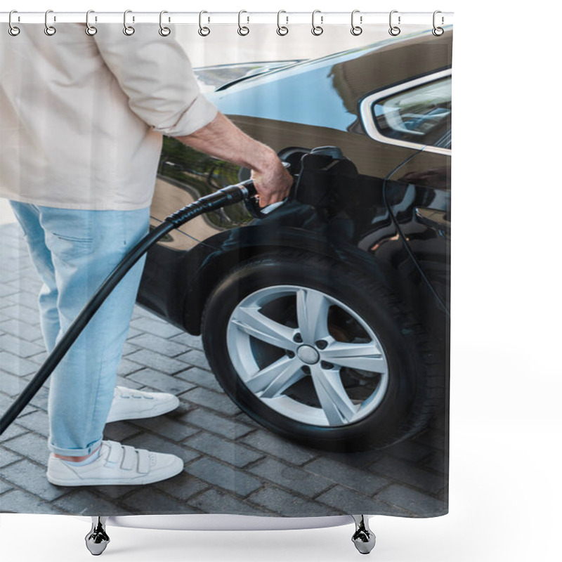 Personality  Cropped View Of Man Holding Fuel Nozzle And Refueling Automobile At Gas Station  Shower Curtains