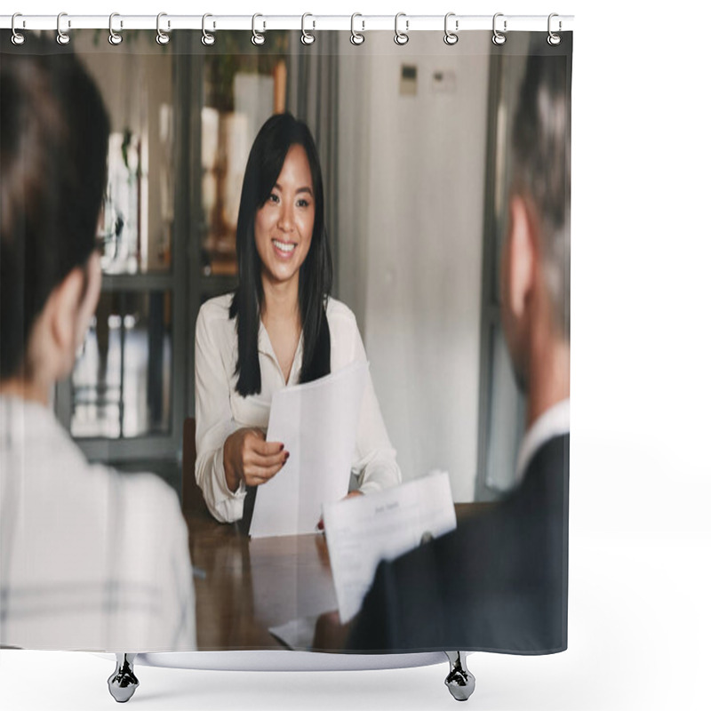 Personality  Business, Career And Recruitment Concept - Young Asian Woman Smiling And Holding Resume While Interviewing As Candidate For Job In Big Company Shower Curtains