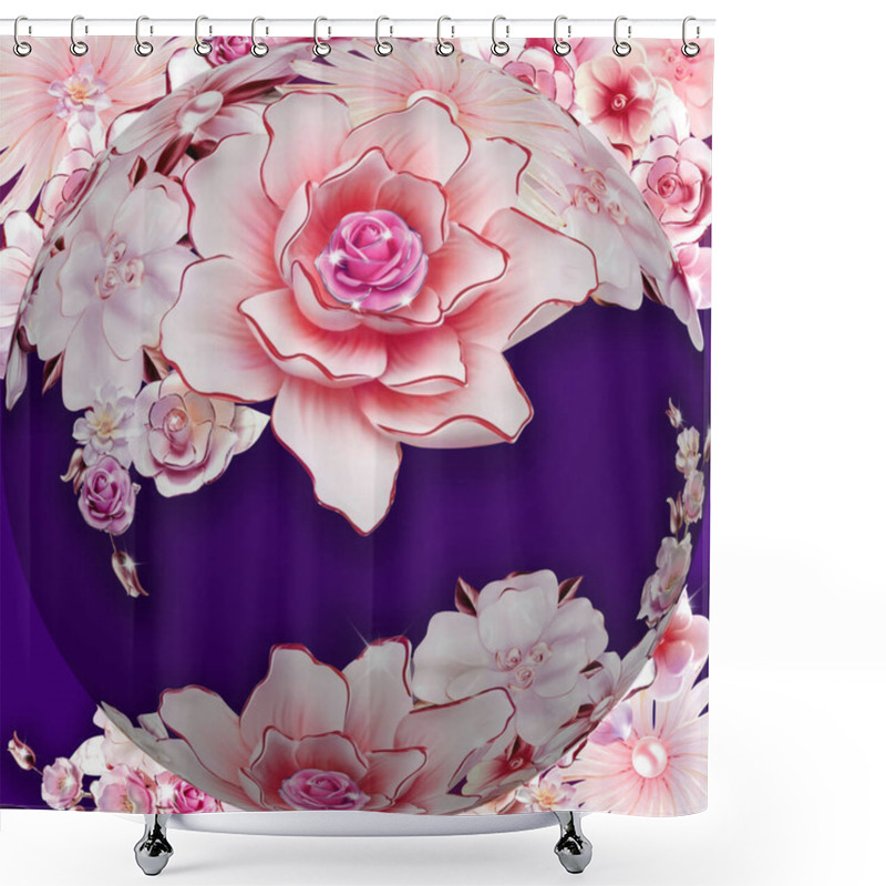 Personality  Illustration Of A Floral Background With A Rose In A Round Frame Shower Curtains