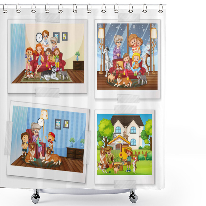 Personality  Set Of Family Photos In Cartoon Style Illustration Shower Curtains