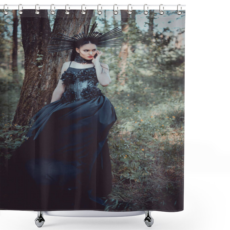 Personality  Elegant Woman In Witch Costume With Crown On Head Looking Away Shower Curtains