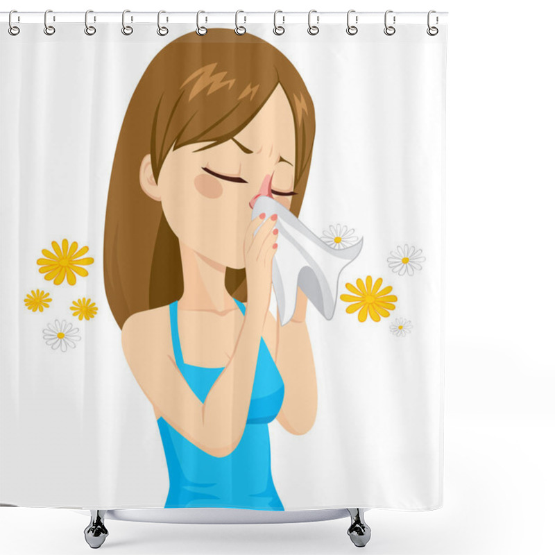 Personality  Beautiful Brown Haired Girl Sneezing Blowing Nose On White Tissue Because Of Spring Allergy Shower Curtains