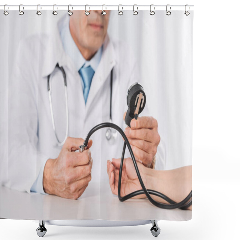 Personality  Cropped Image Of Male Doctor Measuring Female Patient Pressure  Shower Curtains