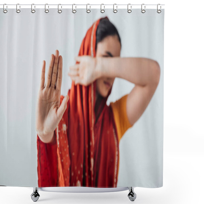 Personality  Selective Focus Of Woman In Sari Showing Stop Sign And Covering Face Isolated On Grey Shower Curtains