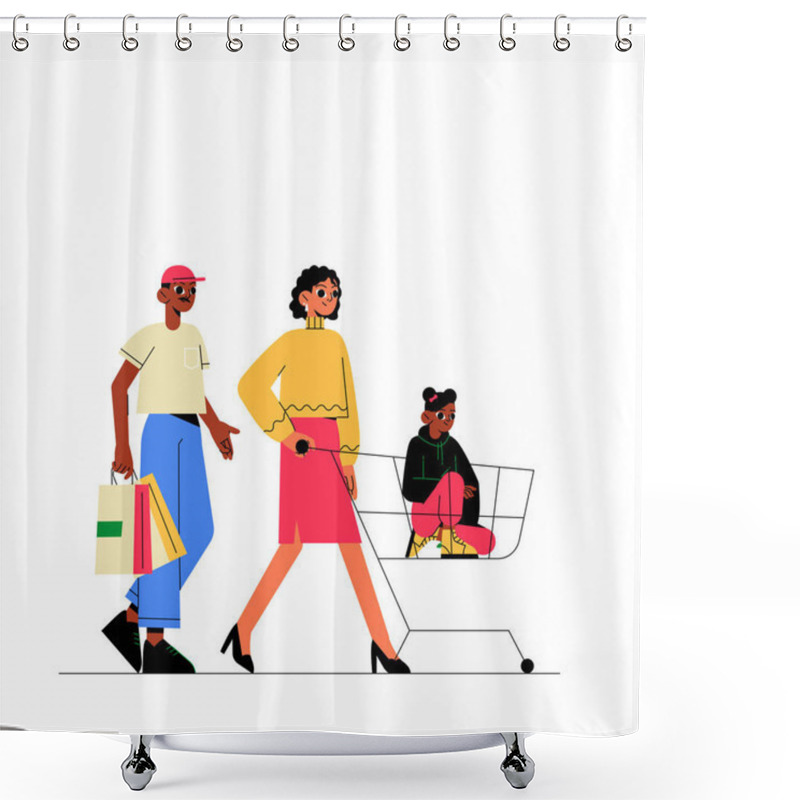 Personality  A Family Shopping Together, With The Mother Pushing A Cart Carrying Their Child And The Father Holding Shopping Bags, Symbolizes Togetherness And Family Bonding In A Flat Vector Illustration Shower Curtains