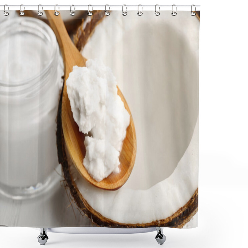 Personality  Coconut With Coconut Oil And Jar Of Cosmetic Cream On Table Close Up Shower Curtains