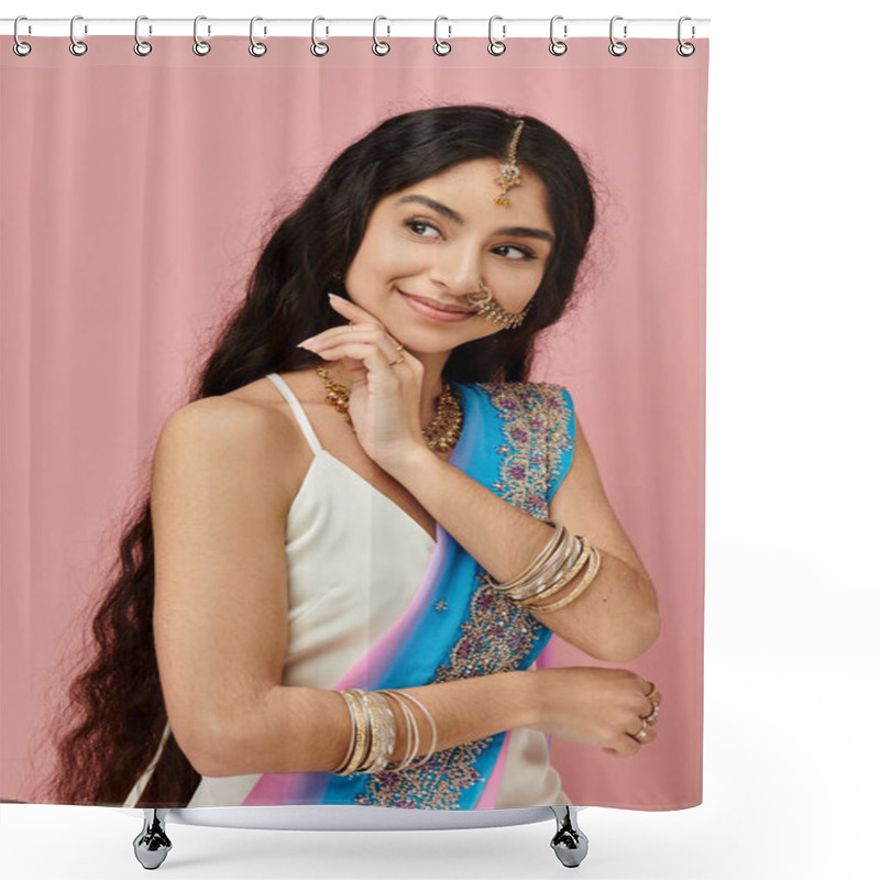 Personality  Young Indian Woman In Blue And White Sari Poses Gracefully On Pink Background. Shower Curtains