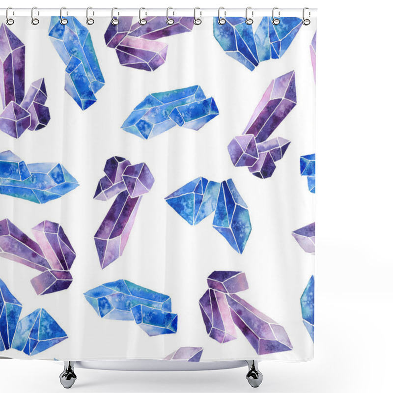 Personality  Watercolor Hand Drawn Seamless Pattern Illustration Set Of Violet Purple Blue Gemstone Crystals Precious Minerals. Mystic Witchcraft Concept For Occult Symbols. Amethyst Fluorite Topaz Sapphire. Shower Curtains