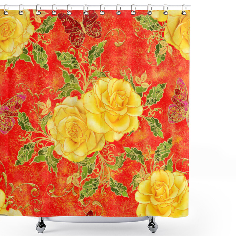 Personality  Seamless Pattern. Vertical Border. Golden Textured Curls. Brilliant Lace, Stylized Flowers, Yellow Rose. Openwork Weaving Delicate, Golden Background, Paisley, Jeweler's Butterfly. Shower Curtains