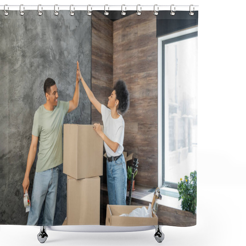 Personality  Cheerful African American Couple Giving High Five Near Carton Boxes In New House Shower Curtains