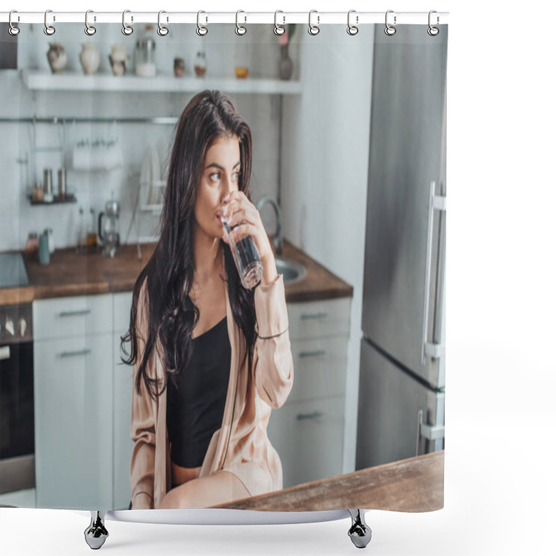 Personality  Girl Drinking Water And Sitting At Wooden Tabletop In Kitchen At Home Shower Curtains