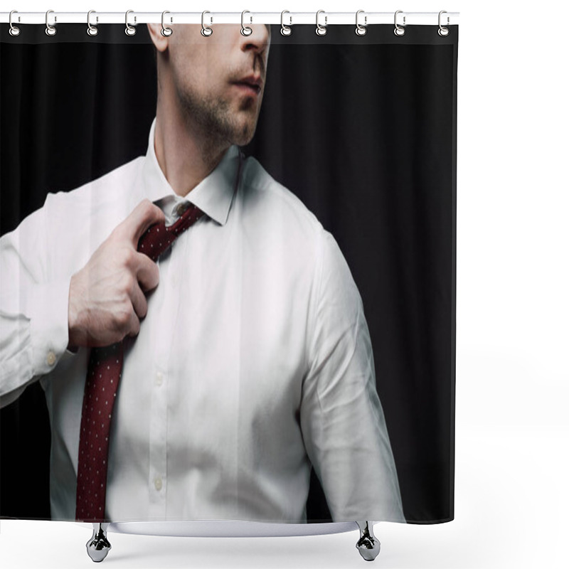 Personality  Partial View Of Dissatisfied Businessman Taking Off Tie Isolated On Black Shower Curtains