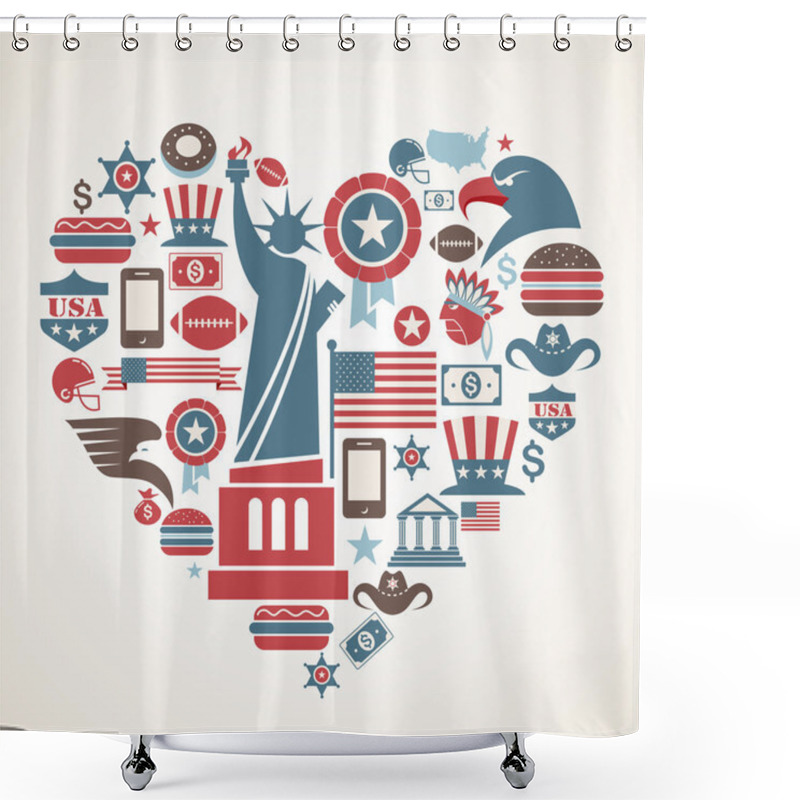 Personality  America Love - Heart Shape With Many Vector Icons Shower Curtains