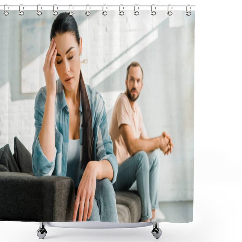 Personality  Tired Wife With Hand On Head Sitting On Foreground After Arguing With Husband At Home Shower Curtains