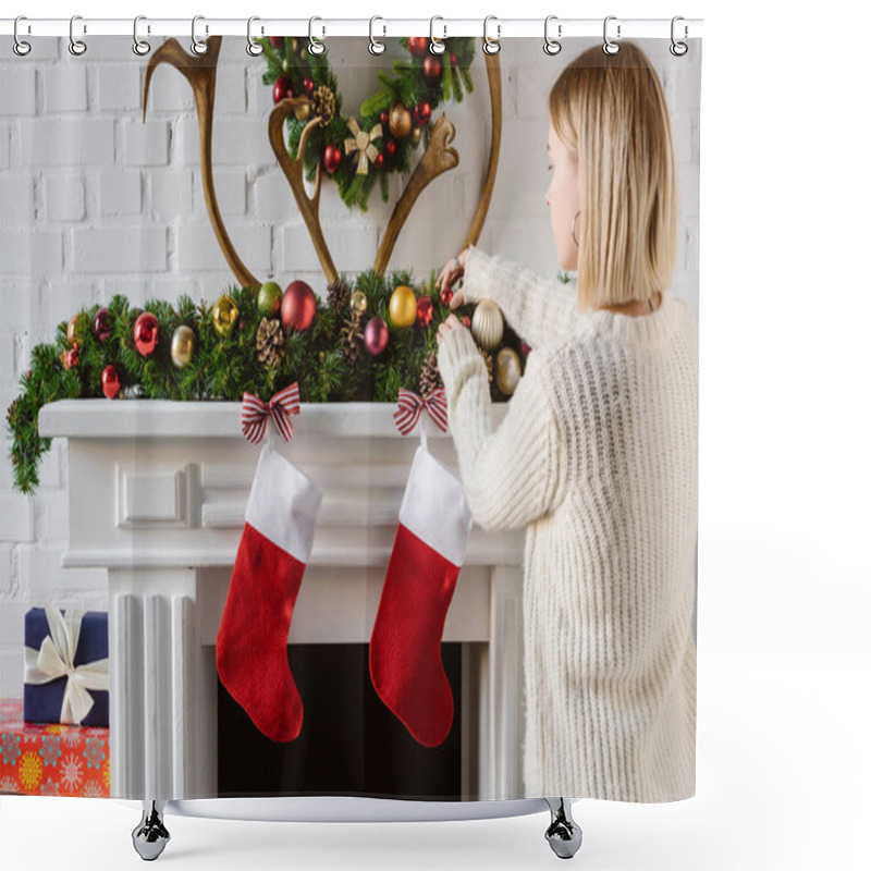 Personality  Young Woman Adjusting Christmas Baubles At Fireplace Shower Curtains