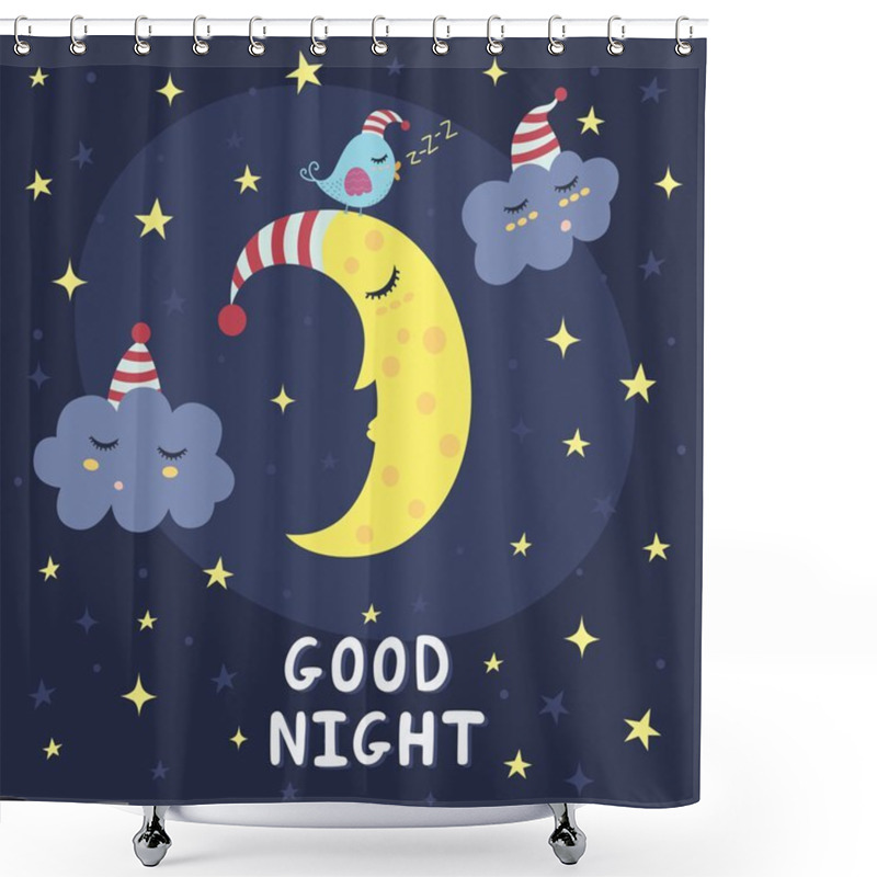 Personality  Good Night Card With The Cute Sleeping Moon, Clouds And A Bird Shower Curtains