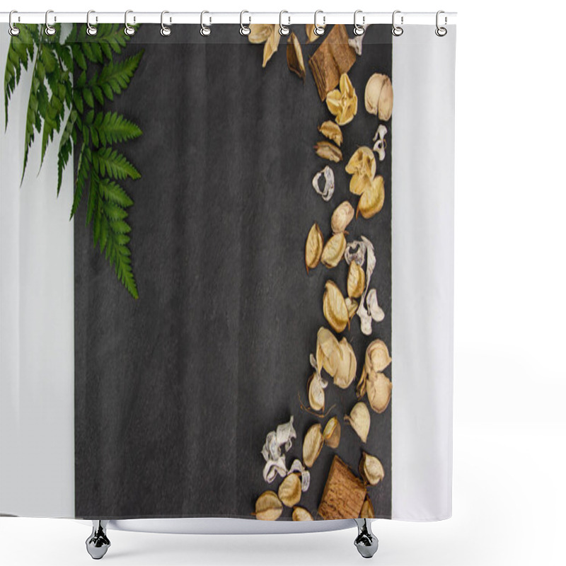 Personality  Dried Aroma Flowers On The Dark Textured Background With Green Asplenium Leaf. Aromatic Flower Fragrance On Black Background. Shower Curtains