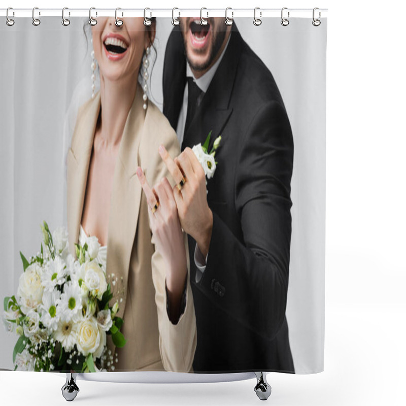 Personality  Partial View Of Excited Newlywed Couple Showing Wedding Rings Isolated On Grey Shower Curtains