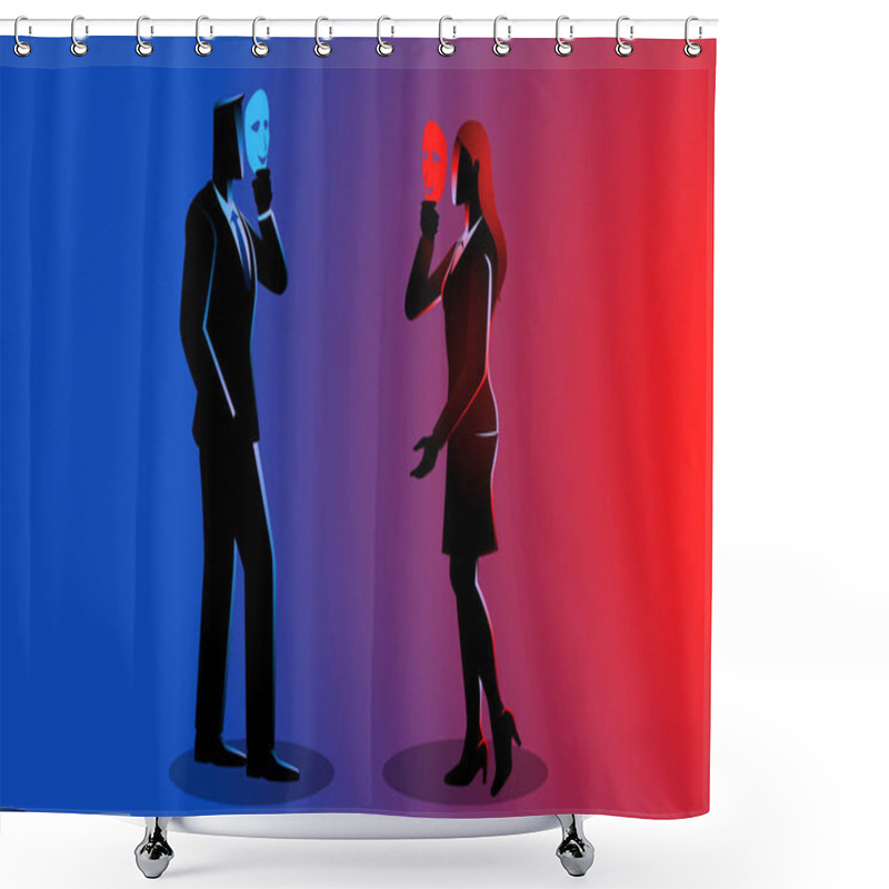 Personality  Businessman And Businesswoman Wearing Masks While Engaging In Conversation, Pretense, Small Talk, Workplace Intrigue, Professional Rivalry, Business Politics And Hidden Agendas In Corporate Settings Shower Curtains