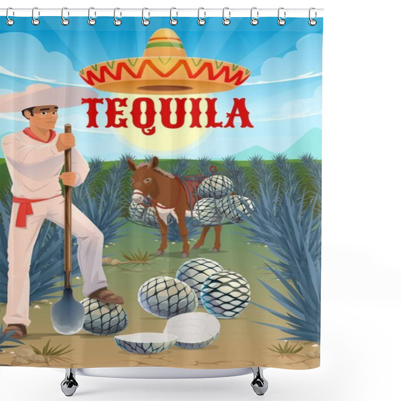 Personality  Tequila Agave Plantation Worker, Mule Or Donkey With Pinas Hearts. Jimador Harvester On Field, Man In Sombrero Hat Cutting Agave Leaves With Coa Tool. Tequila Production, Agave Growing And Harvesting Shower Curtains