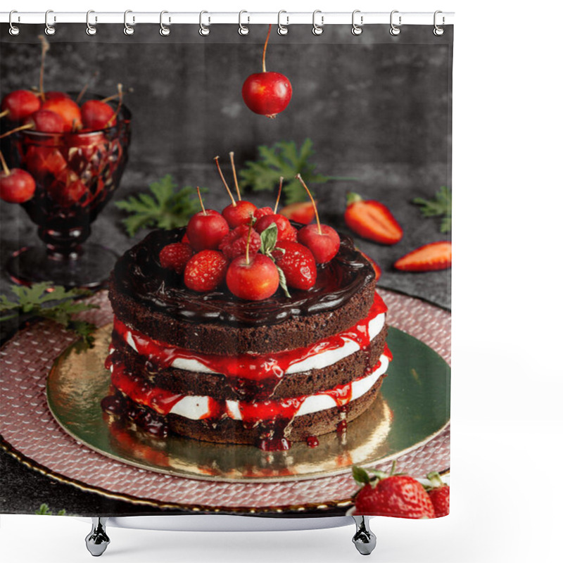 Personality  Naked Chocolate Cake Decorated With Strawberries Raspberry Small Apples And Syrup Shower Curtains