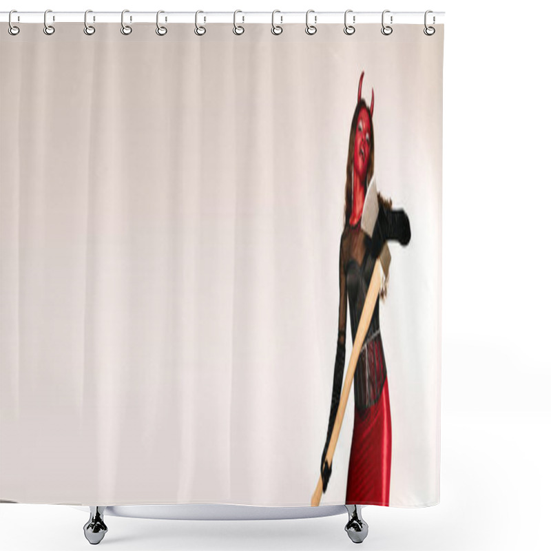 Personality  A Confident Woman In A Devil Costume Strikes A Playful Pose For Halloween. Shower Curtains