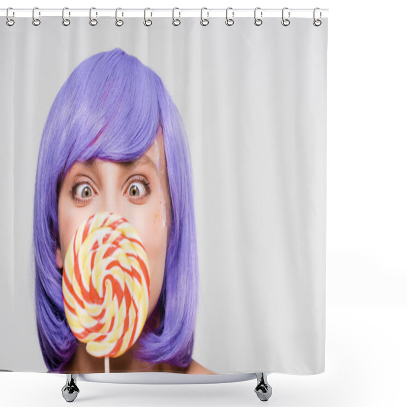 Personality  Happy Girl In Purple Wig Holding Sweet Lollipop, Isolated On Grey Shower Curtains