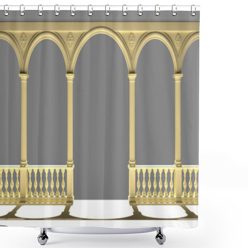 Personality  Balustrade With Columns, Arches And Stucco On A Gray Background 3D Rendering   Shower Curtains