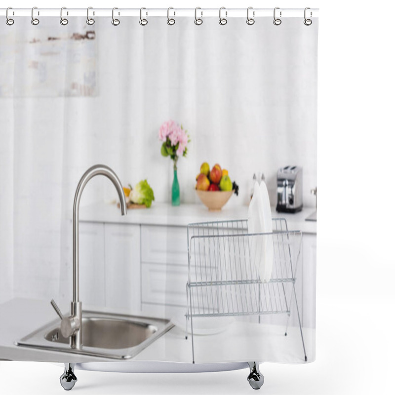 Personality  Close Up Of Sink And Stand For Dishes On Kitchen Shower Curtains