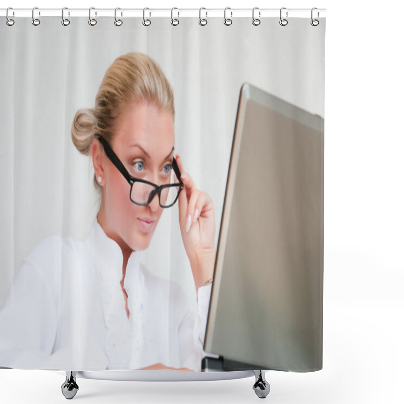 Personality  Attractive Young Business Woman Using Laptop At Work Desk Shower Curtains